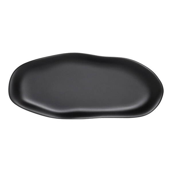 A black oval Delfin Marisol melamine slider tray with a curved edge.