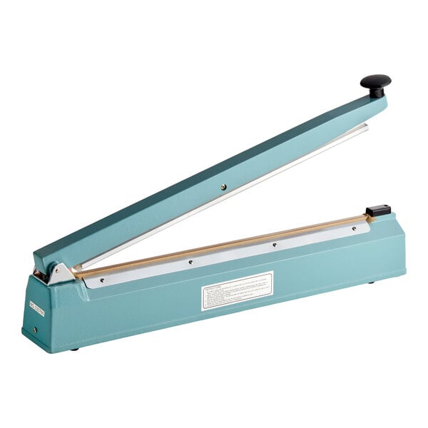A teal 20-inch impulse heat bag sealer with a timer and a long sealing arm.