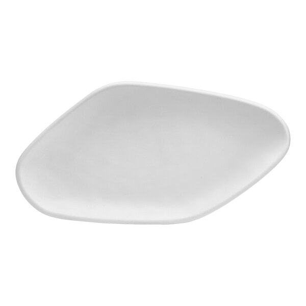 A close-up of a white Delfin Marisol melamine oval platter with a curved edge.