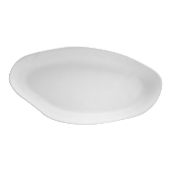 A white oval plate with a curved edge.