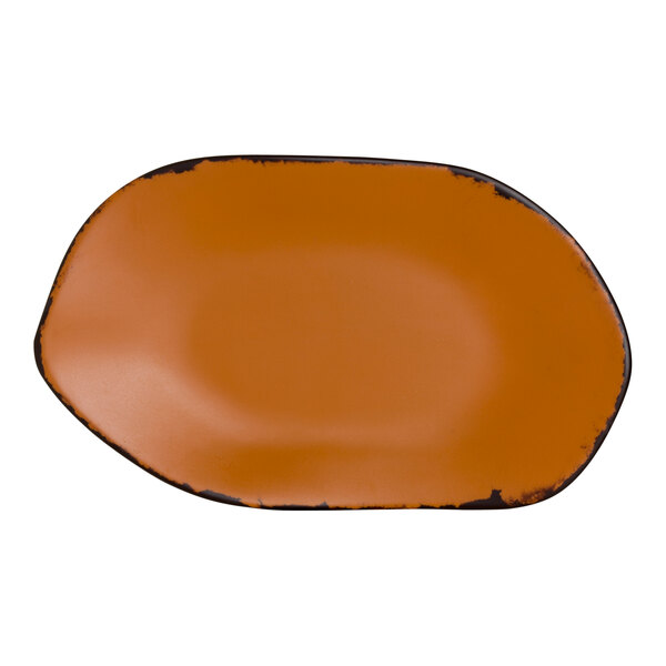 An orange oval Delfin Marisol Rustic melamine platter with black edges.