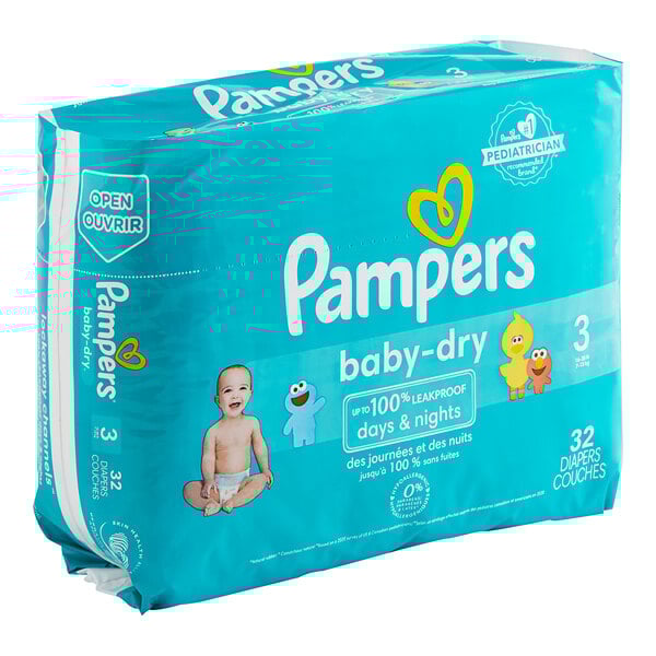 A large blue package of Pampers Baby-Dry Size 3 baby diapers.