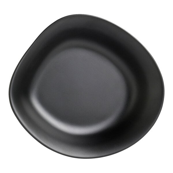 A black Delfin Marisol melamine bowl with a curved edge on a white background.