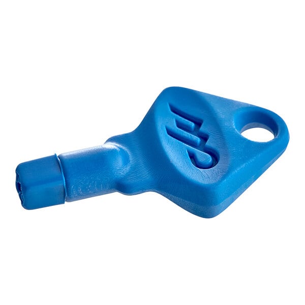 A close-up of a blue Lavex Pro dispenser key with a hole in it.