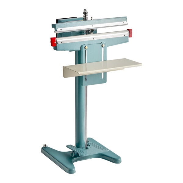 A foot-operated 18-inch impulse heat bag sealer with a timer, designed for sealing plastic bags.