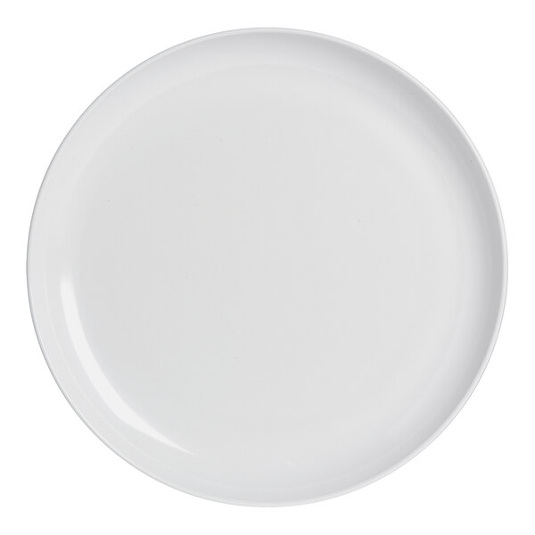 A white Delfin by Steelite International melamine coupe plate with a white border.