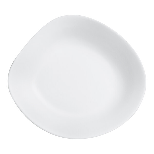 A white melamine pasta bowl with a small curve on it.