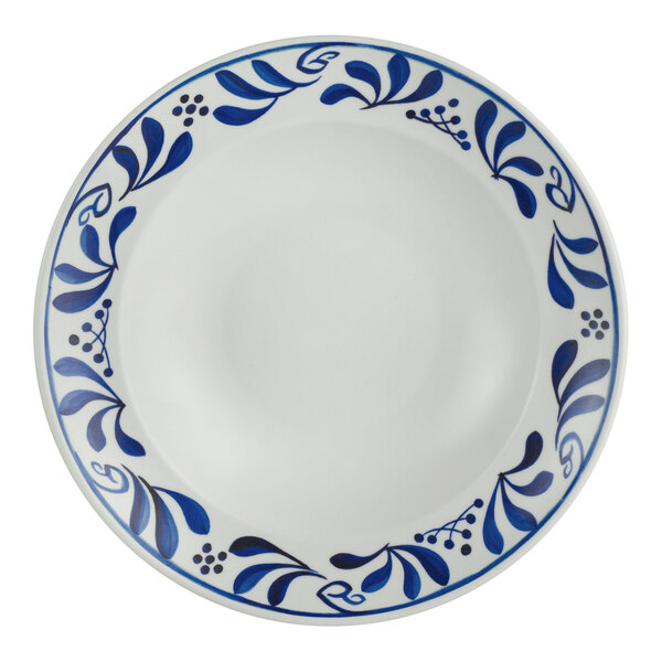 A white Delfin Viva melamine bowl with a blue and white design.