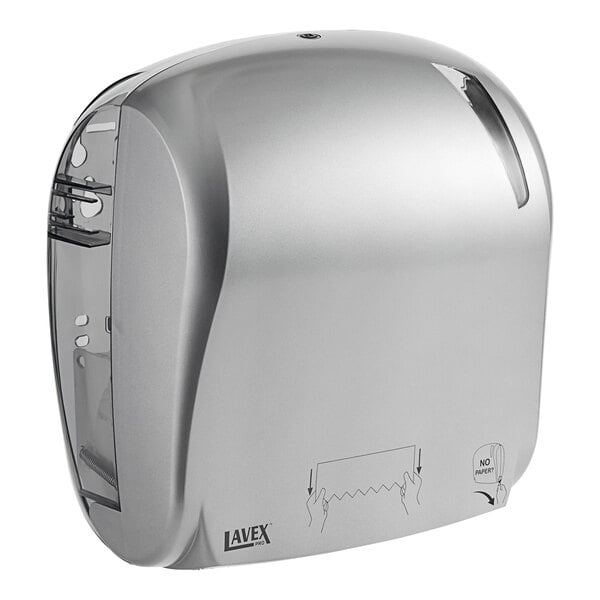 A silver Lavex Pro Titanium paper towel dispenser with a handle.