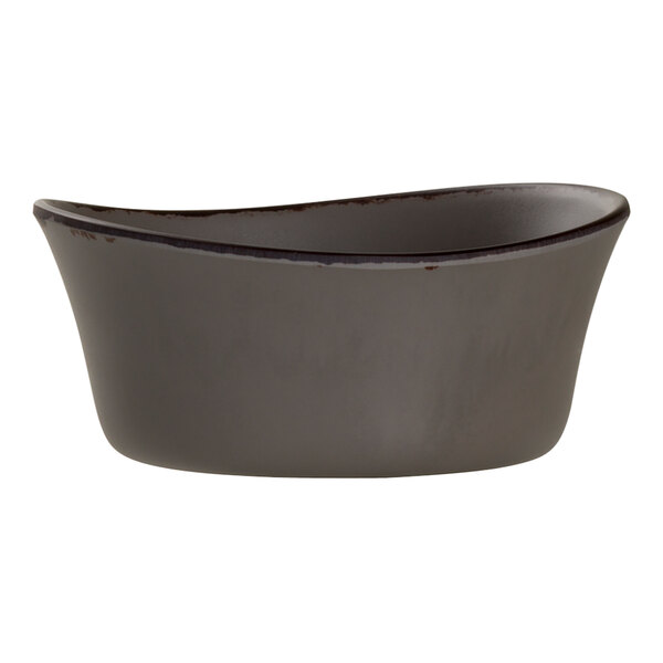 A gray melamine bowl with a black rim.