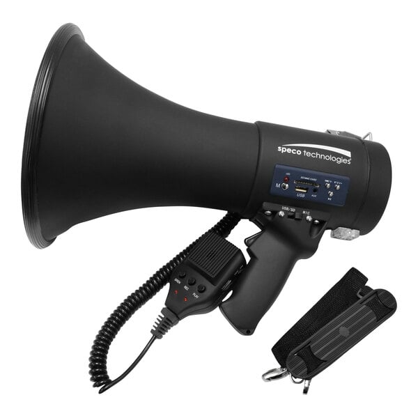 A black Speco Technologies battery-operated megaphone with a cord.