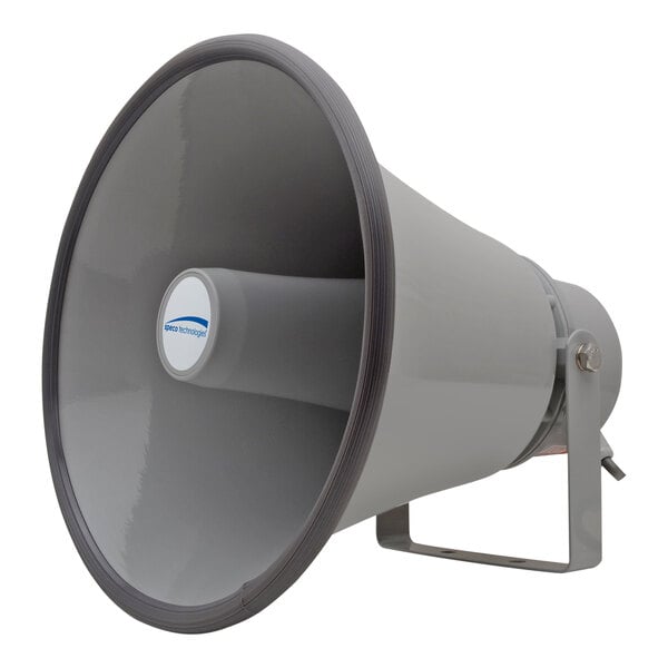 A large gray outdoor PA horn speaker with a transformer.