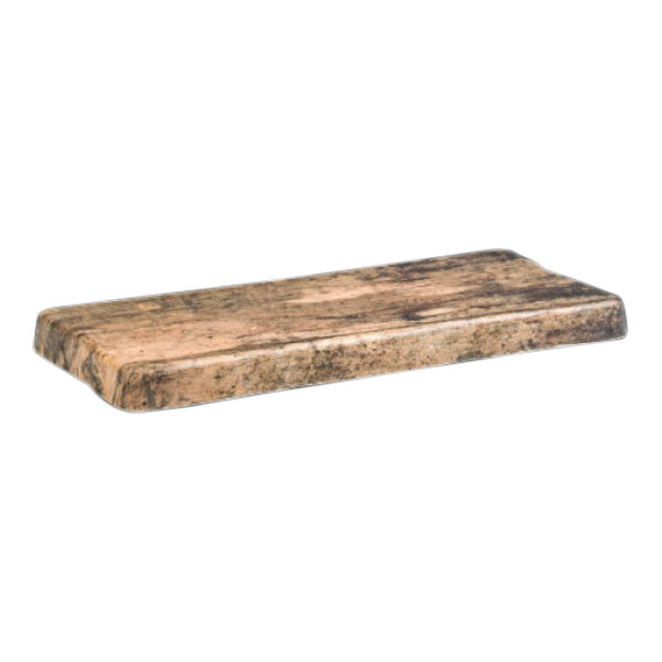A Delfin Barnwood melamine serving board with a faux wood finish.