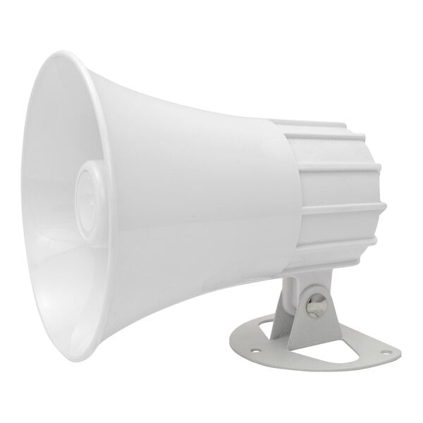 A white Speco Technologies outdoor PA horn speaker.