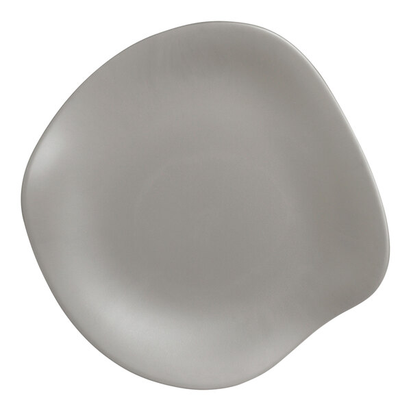 A white Delfin Marisol melamine plate with a curved edge and a gray circle in the middle.