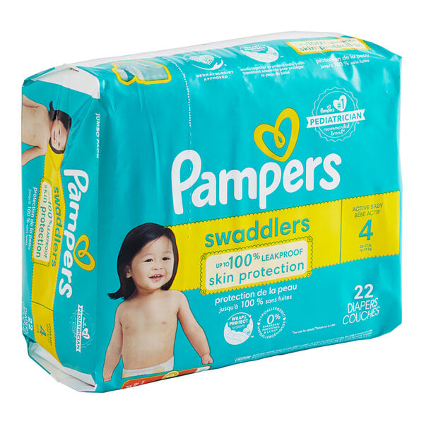 A large blue and yellow package of Pampers Swaddlers size 4 baby diapers.