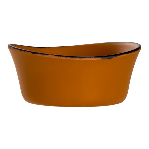 A Delfin Marisol Rustic melamine grapefruit bowl with a brown rim.