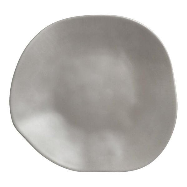 A white melamine cheese platter with a curved gray edge.