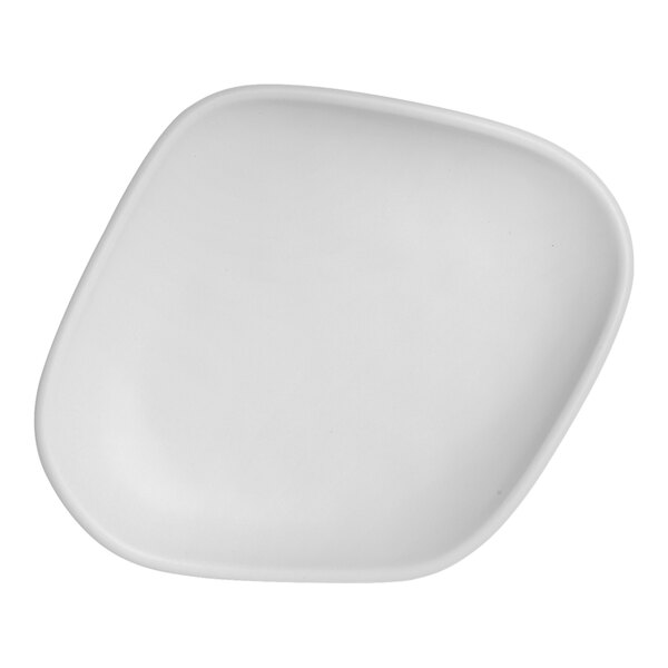 A white rectangular Delfin Marisol melamine platter with a small hole in the middle.