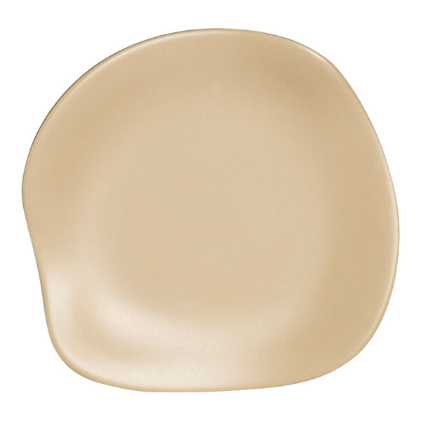 A white melamine plate with a rounded edge.