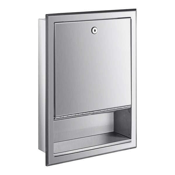 A close-up of a stainless steel Lavex C-Fold paper towel dispenser with a hole.