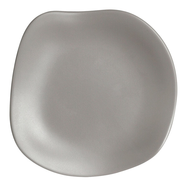 A close-up of a Delfin Marisol driftwood gray melamine plate with a small hole in the middle.