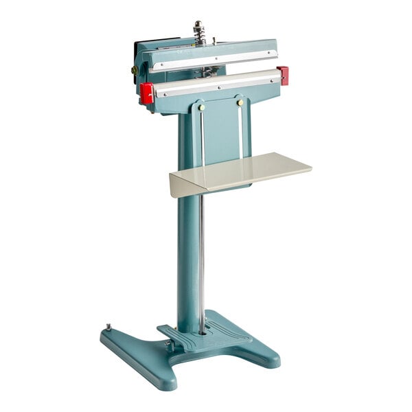 A foot-operated 14-inch impulse heat bag sealer with a timer, designed for sealing plastic bags.