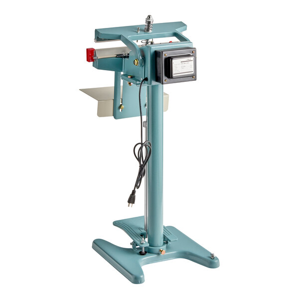 A blue, foot-operated impulse bag sealer with a timer and power cord, designed for sealing bags.