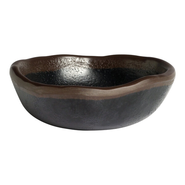 A Delfin Greystone small black melamine bowl with a brown rim.