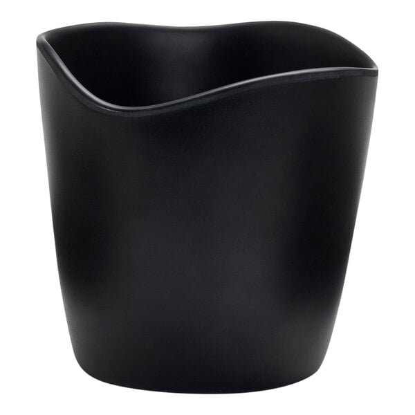 A black melamine mini dressing crock with curved edges.