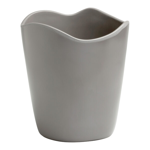 A Delfin Marisol Driftwood Gray Melamine Large Dressing Crock with a curved edge and lid.