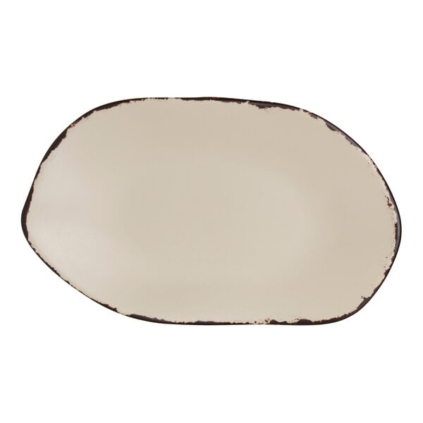 A white oval Delfin Marisol Rustic melamine platter with a brown border.