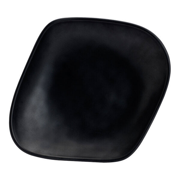 A black melamine serving bowl with a square shape and rounded corners.