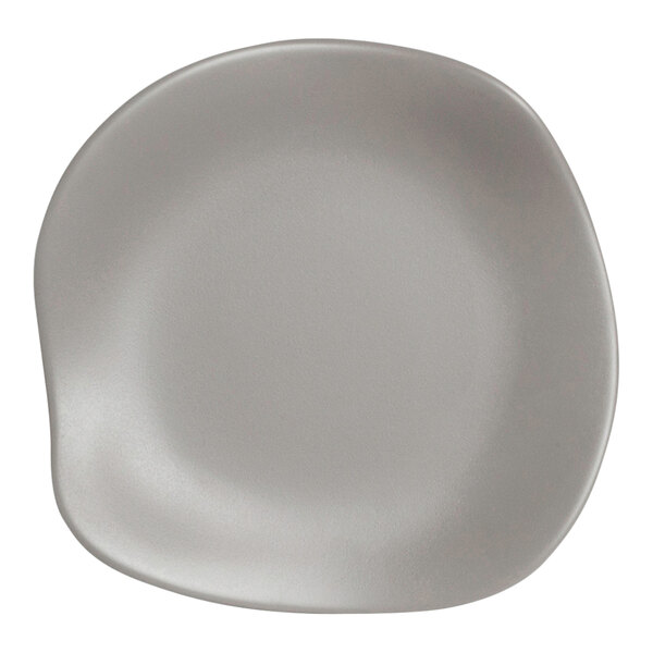 A white plate with a rounded edge and a gray rim.