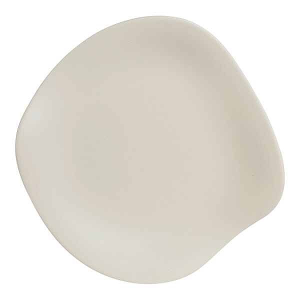 A white Delfin Marisol melamine plate with a curved edge on a white background.