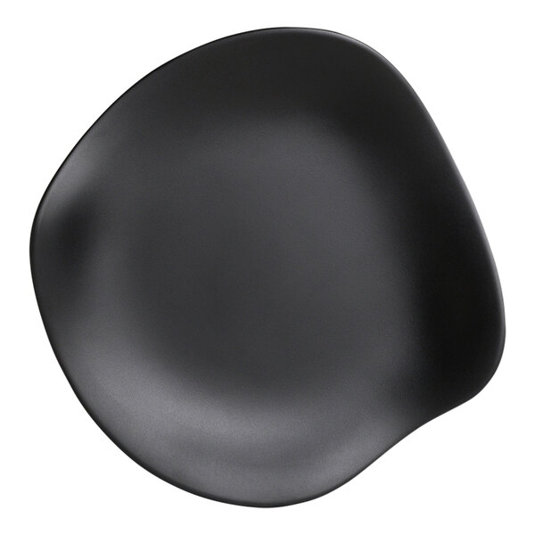 A close-up of a black Delfin Marisol melamine appetizer plate with a curved edge.