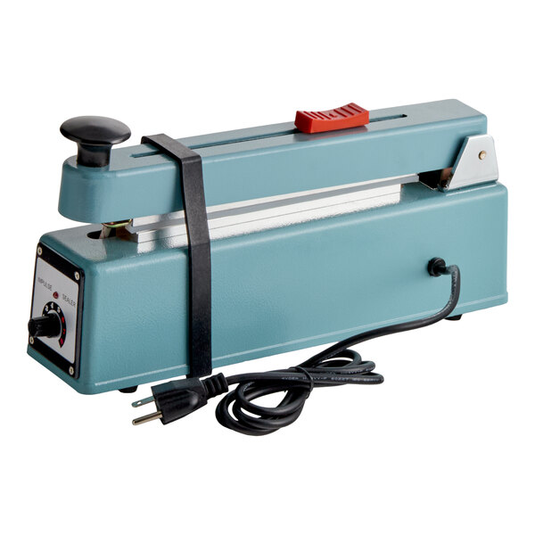 An 8-inch impulse heat bag sealer with a cutter and timer, featuring a blue body and a power cord.