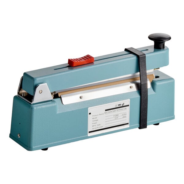 An 8-inch impulse bag sealer with a cutter and timer, designed for sealing plastic bags.