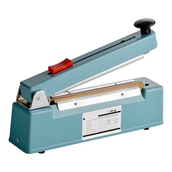 An 8-inch impulse bag sealer with a cutter and timer, designed for sealing plastic bags.