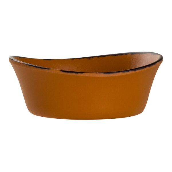 A Delfin Marisol melamine fruit bowl with a brown rim.