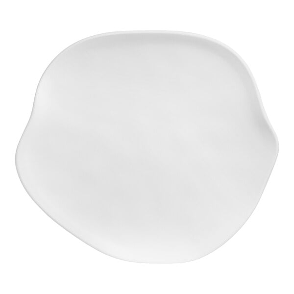 A white melamine plate with a curved edge.