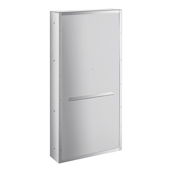 A stainless steel rectangular cabinet with a metal bar.