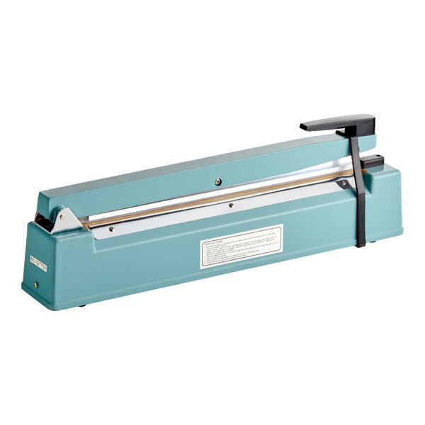 A teal 16-inch impulse heat bag sealer with a timer and a black handle.
