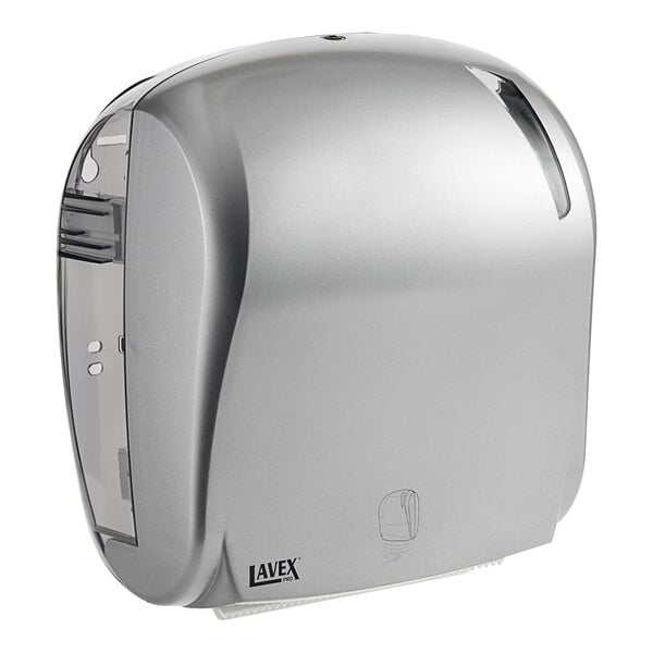 A silver Lavex Pro Titanium automatic paper towel dispenser with a black handle.