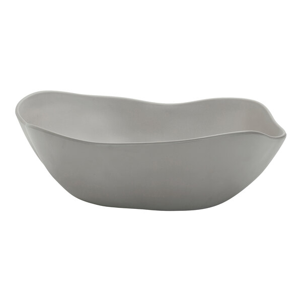 A Delfin Marisol Driftwood Gray melamine bowl with a curved edge.