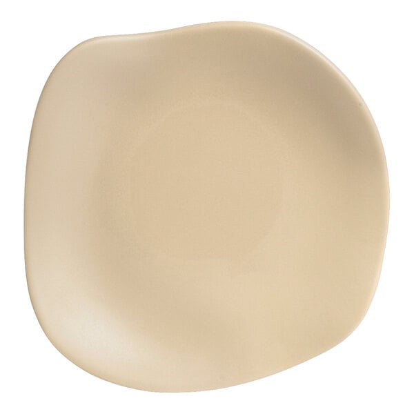 A white Delfin Marisol melamine plate with a curved edge and a circle in the middle.