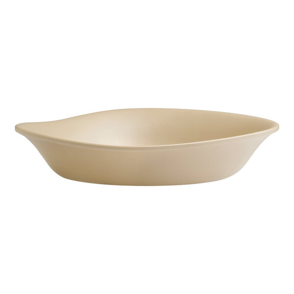A beige Delfin melamine bowl with a curved edge.
