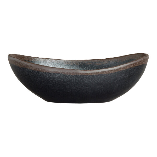 A close up of a black Delfin Greystone melamine bowl with a brown rim.