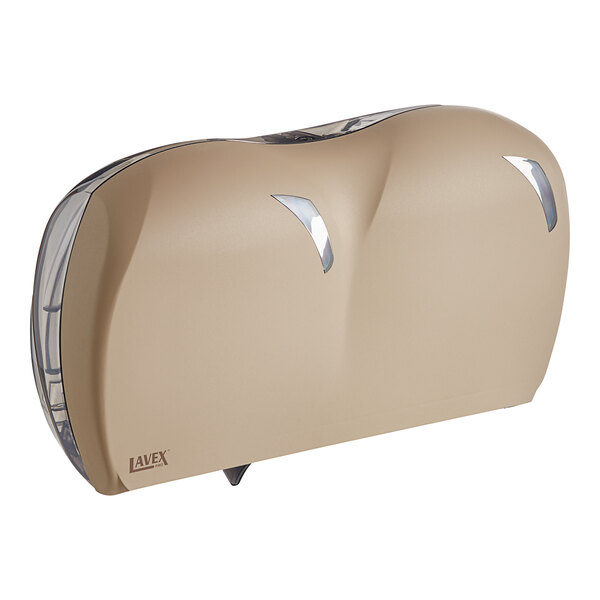 A tan and silver Lavex Pro double-roll jumbo toilet tissue dispenser.
