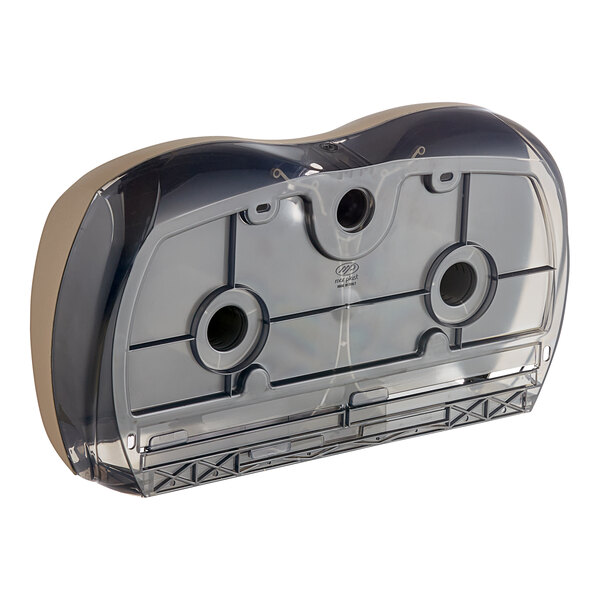 A white plastic Lavex Pro double-roll toilet tissue dispenser with two holes in it.